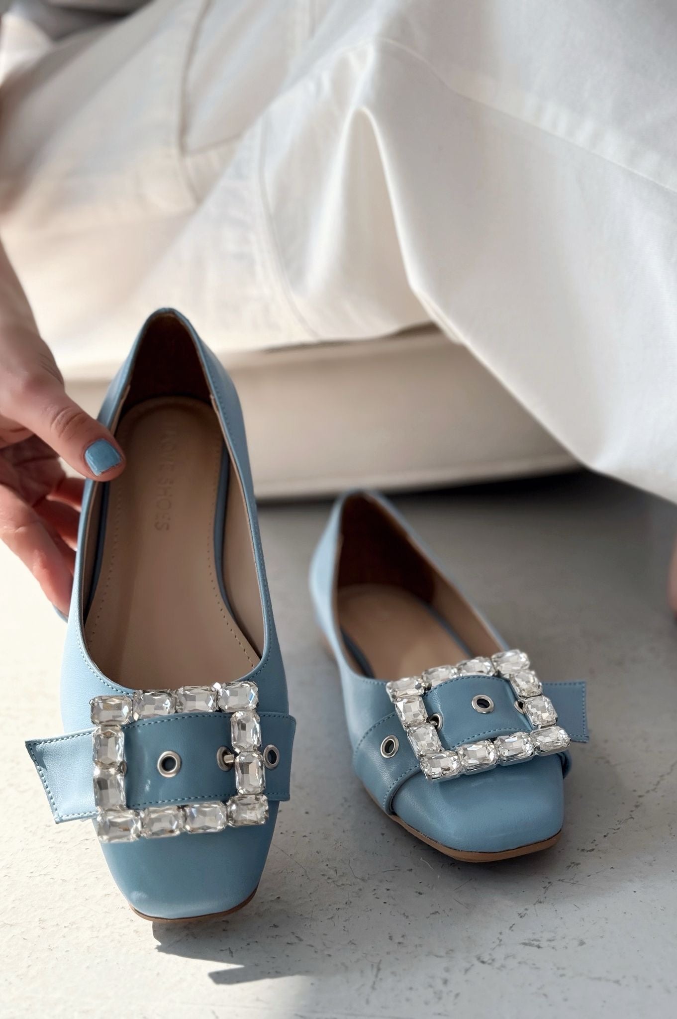 Woned Baby Blue Faux Leather Stone Embellished Women's Flats