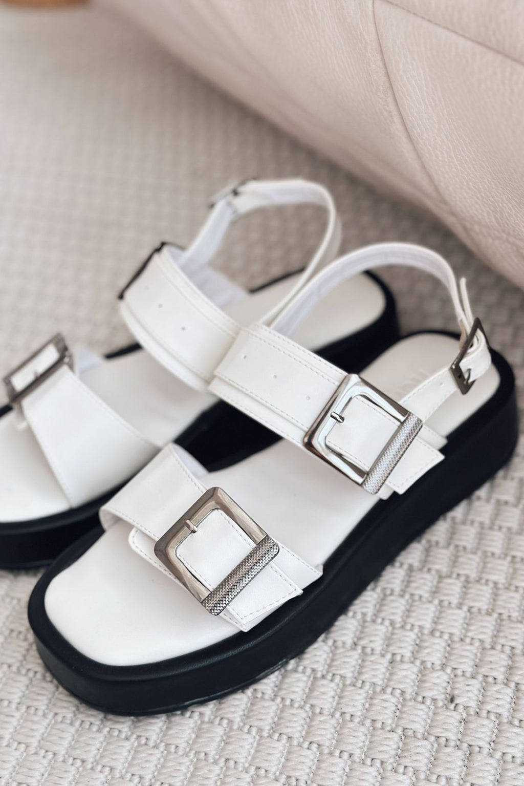 Perina White Faux Leather Buckle Detail Women's Sandals