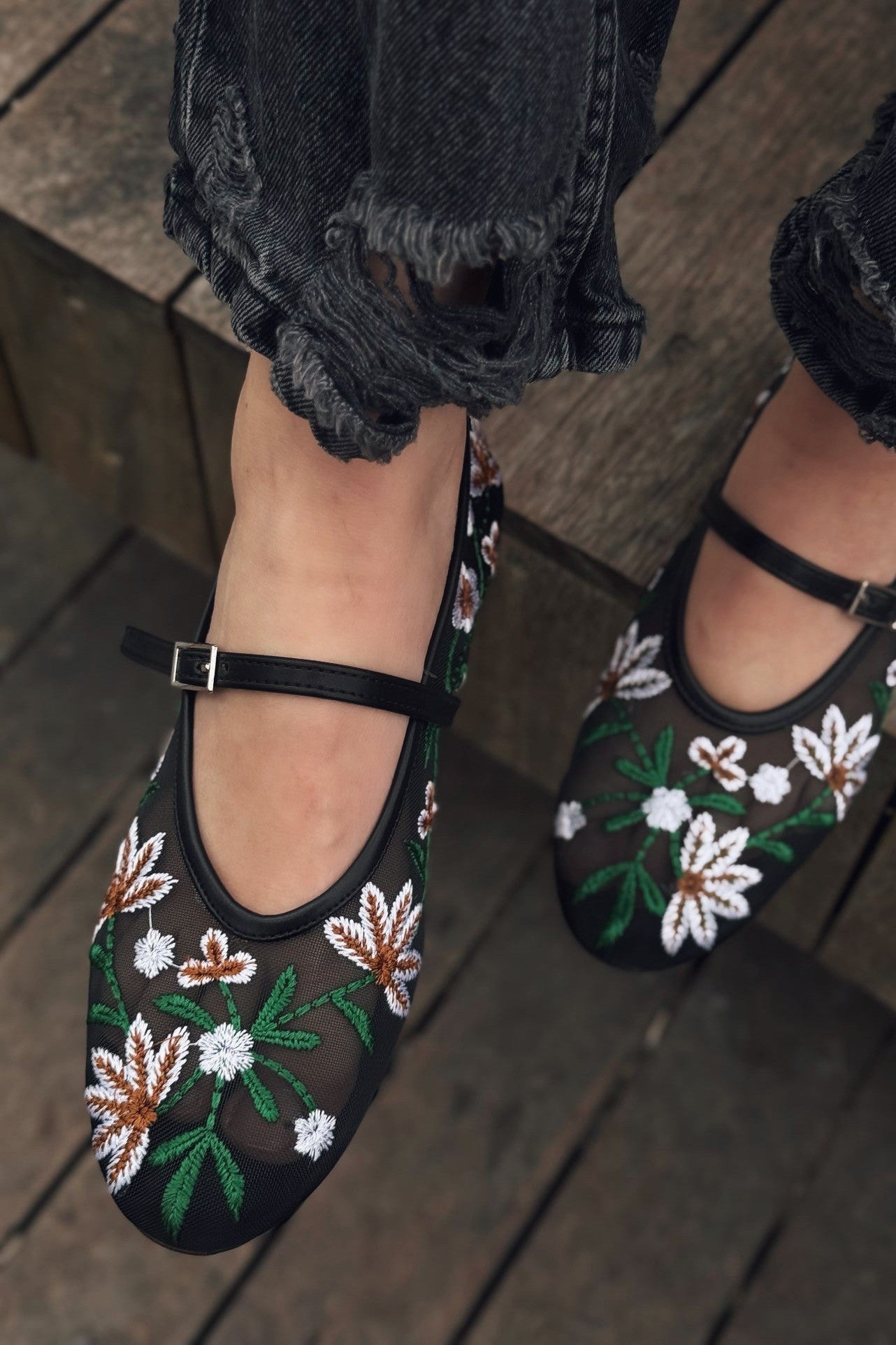 Krysol Embroidered Black Mesh Flats