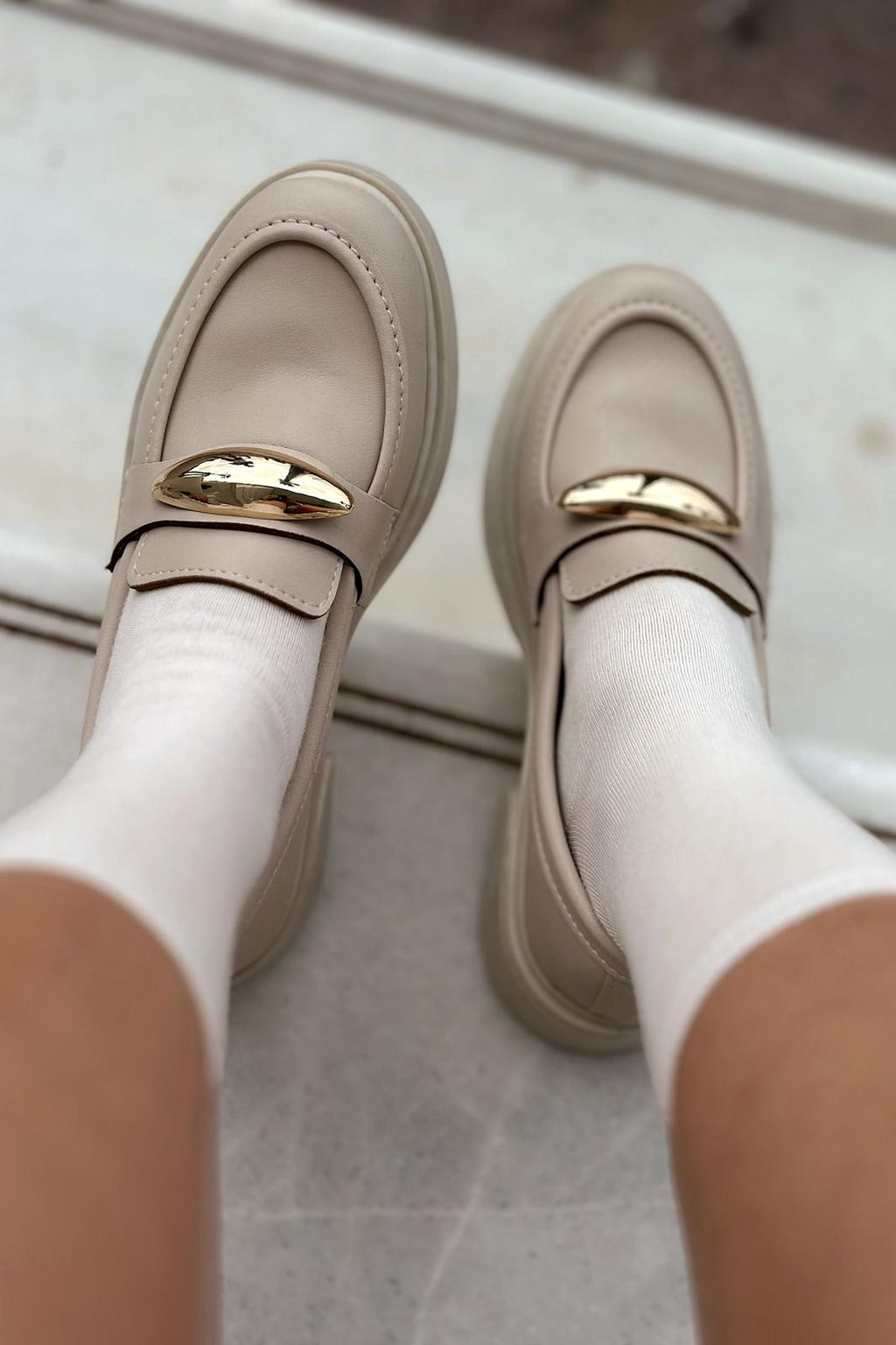 Ravilla Beige Faux Leather Buckle Detail Women's Loafers