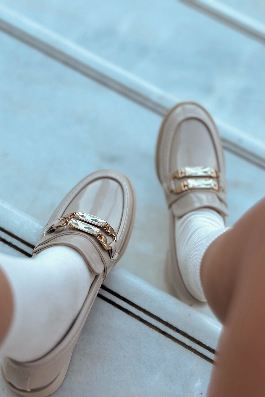 Sabella Beige Patent Faux Leather Embellished Women's Loafers