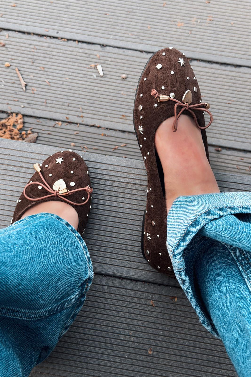 Vessa Dark Brown Genuine Suede Studded Women's Flats