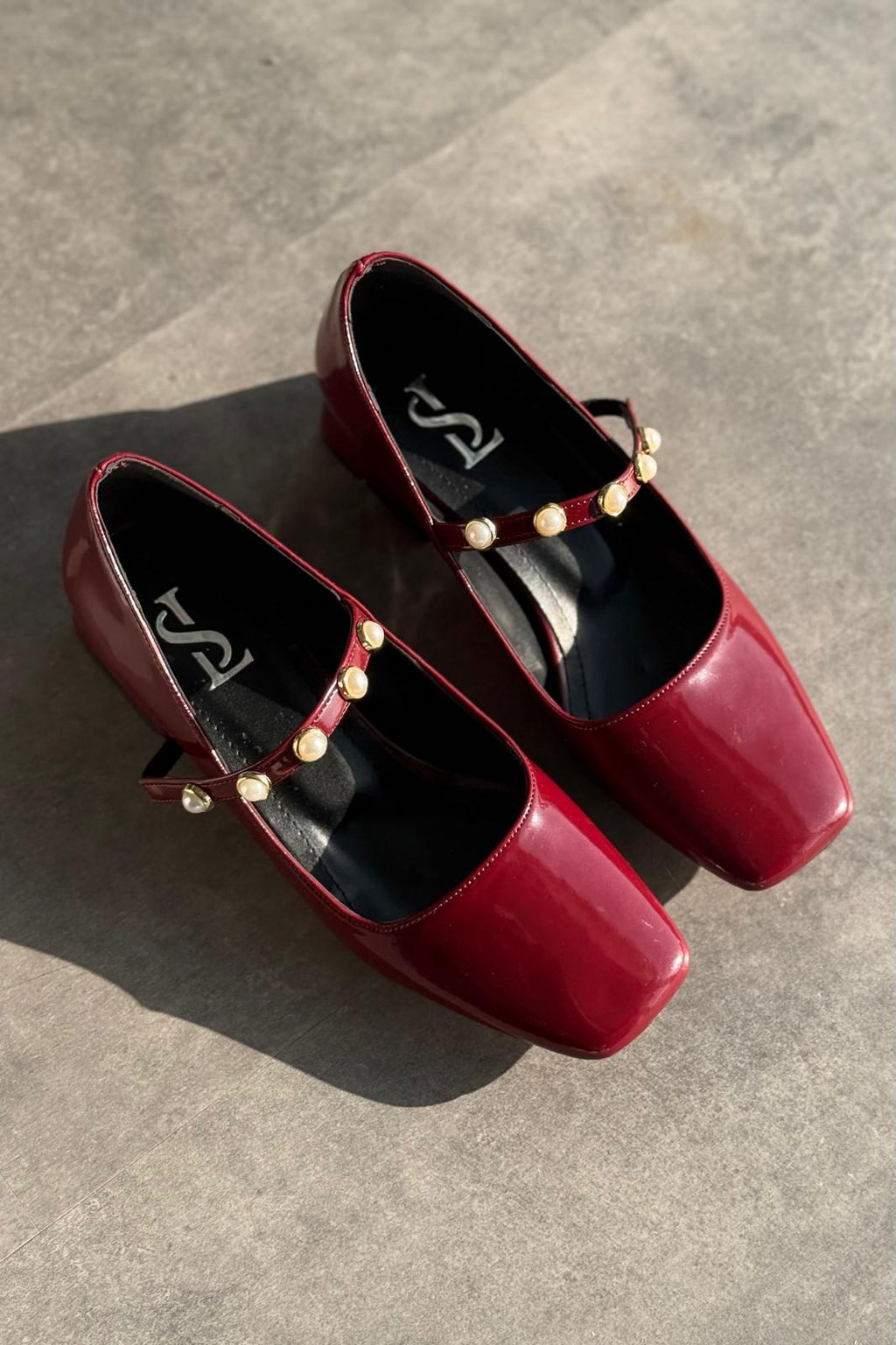 Myrel Bordeaux Pearl Detail Patent Faux Leather Women's Mary Jane