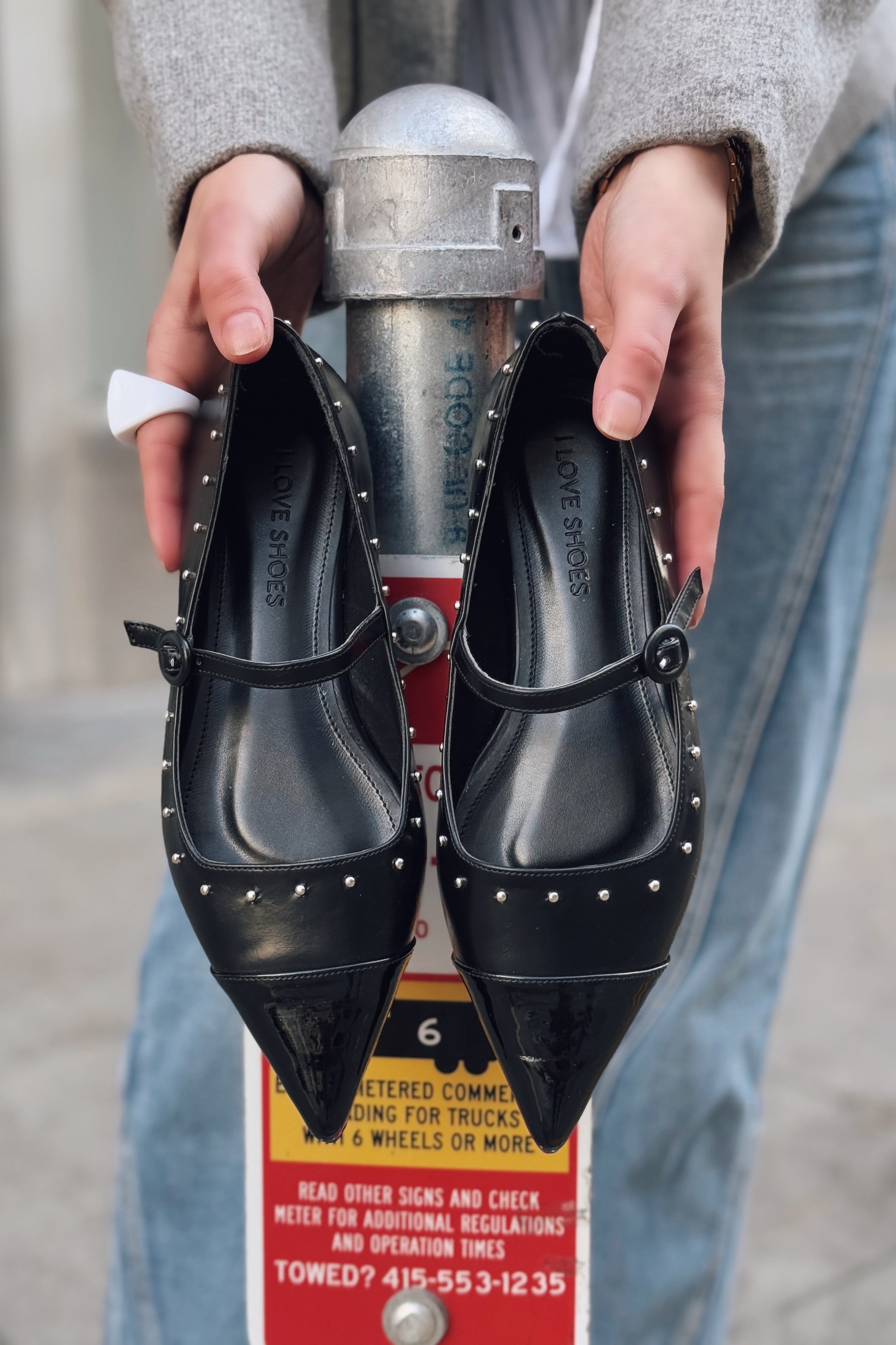 Panilo Black Faux Leather Studded Women's Flats