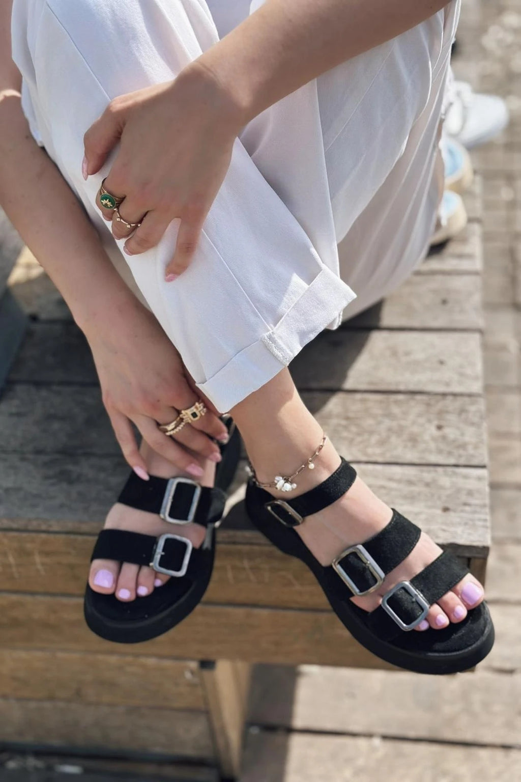 Neslon Black Suede Buckle Detail Women's Sandals