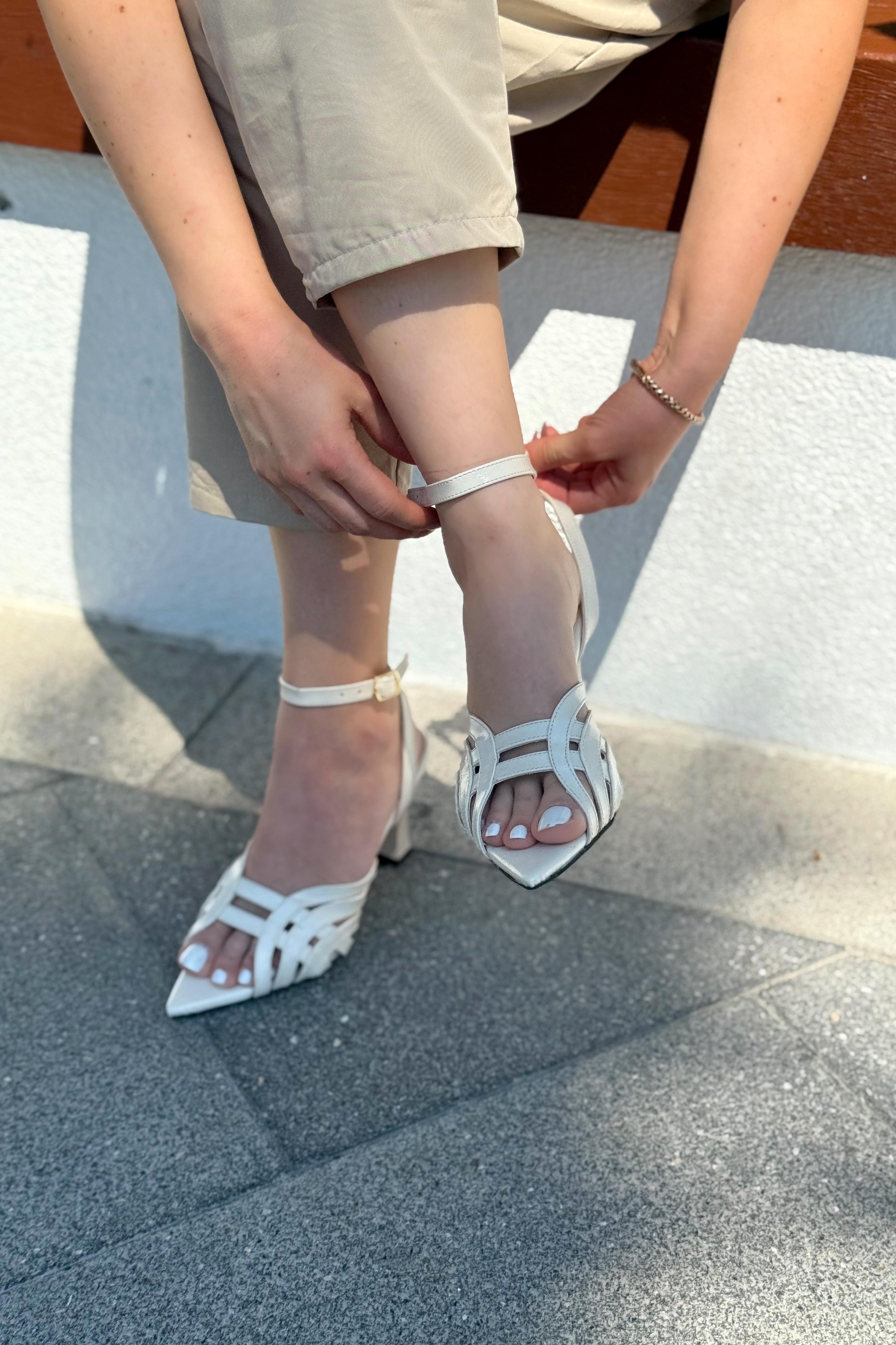 Ronel Beige Strap Detail Patent Faux Leather Women's Pumps