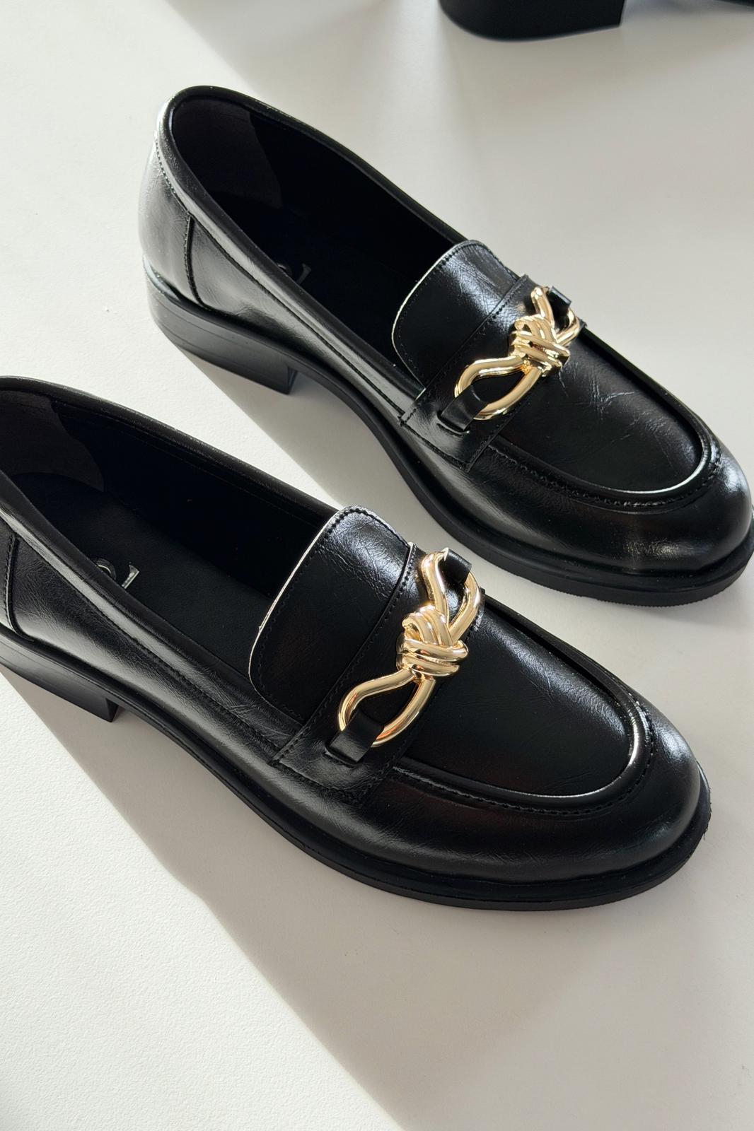 Norel Black Faux Leather Bow Detail Women's Loafers