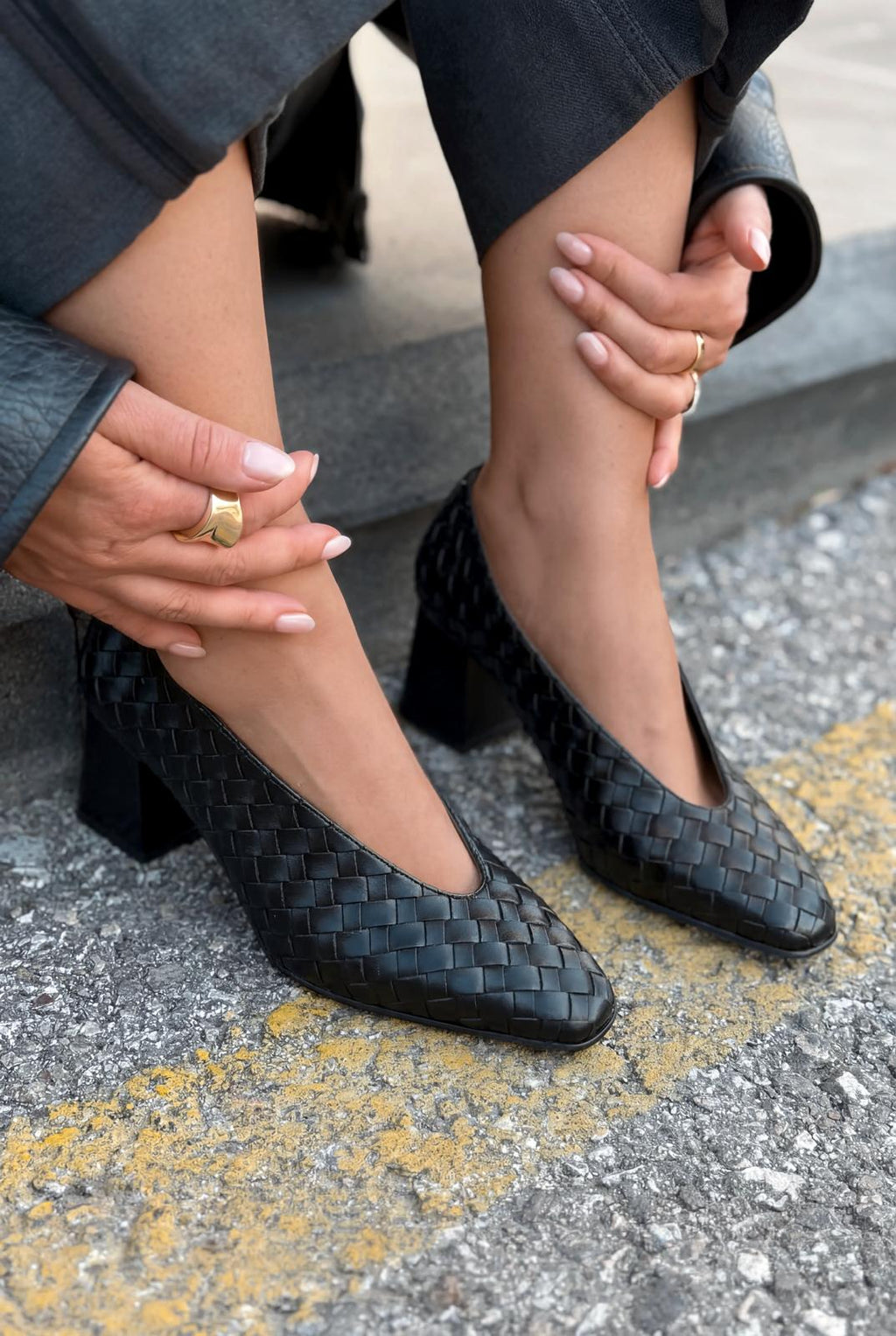 Torben Black Faux Leather Woven Women's Pumps