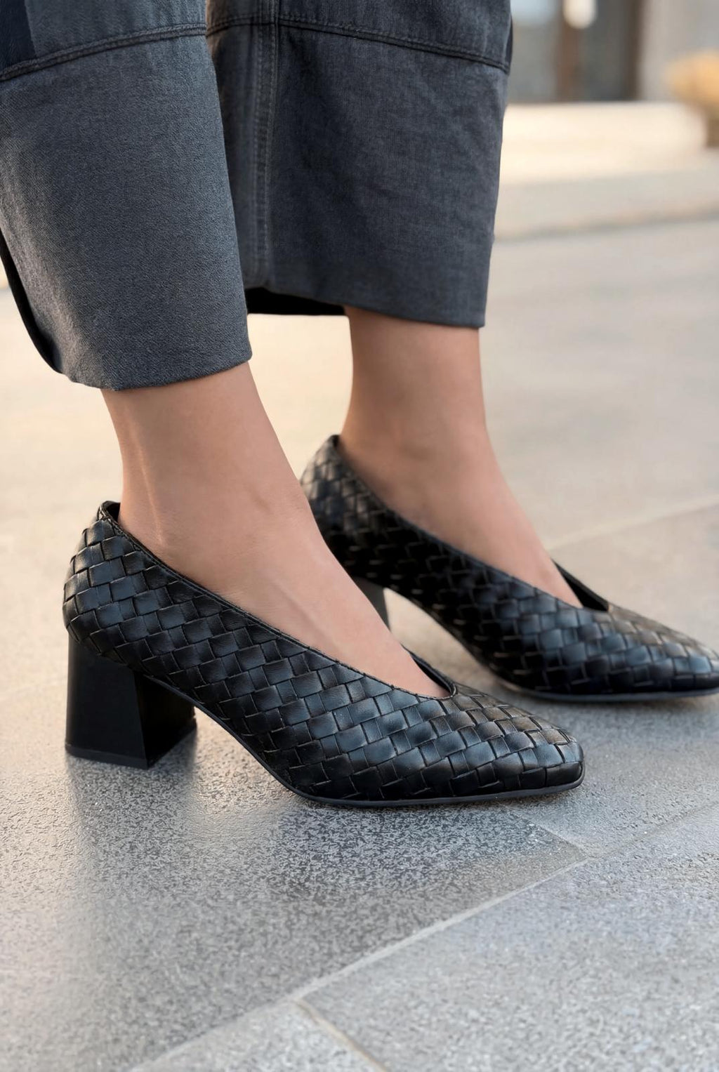Torben Black Faux Leather Woven Women's Pumps