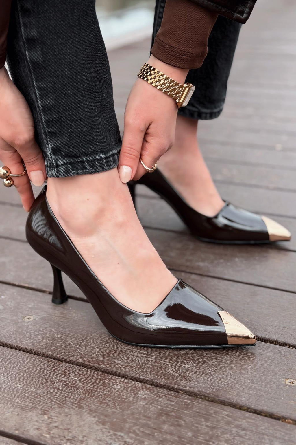Noctra Light Brown Patent Faux Leather Women's Stilettos