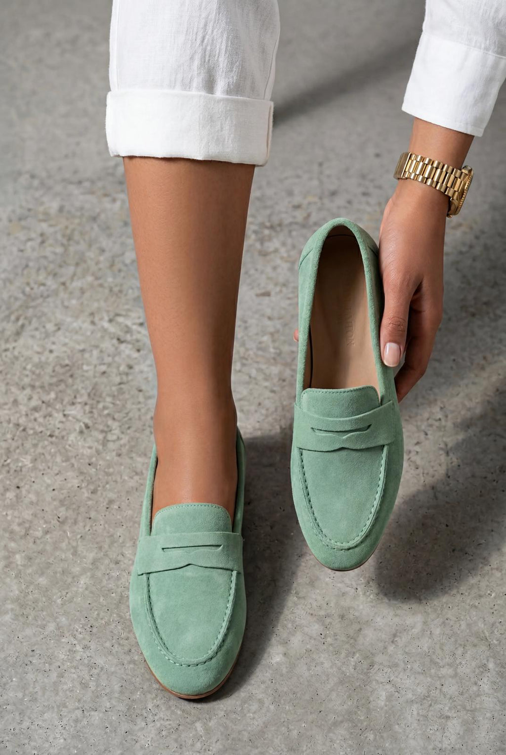 Melniel Green Genuine Suede Women's Loafers