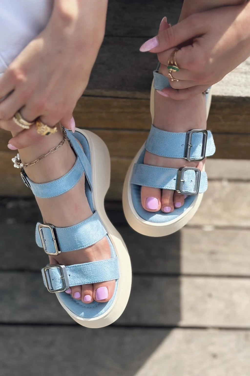 Neslon Baby Blue Suede Buckle Detail Women's Sandals