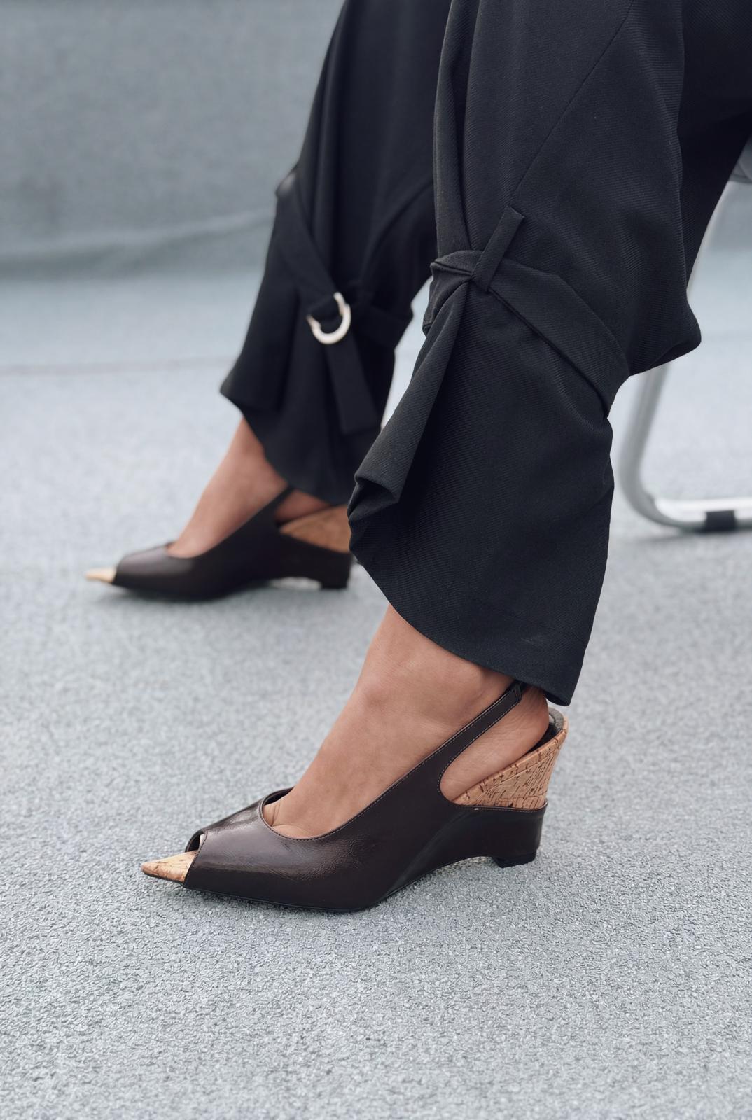 Nerov Dark Brown Crinkled Faux Leather Women's Wedge Heel Sandals