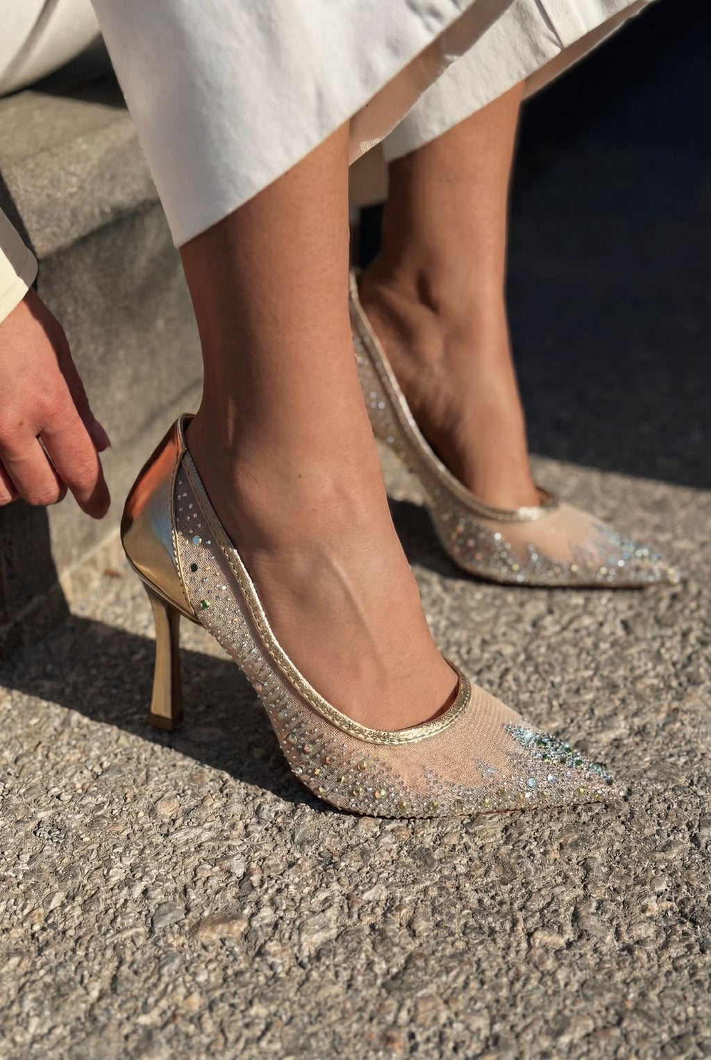 Arivelle Gold Crystal Textile Women's Stilettos
