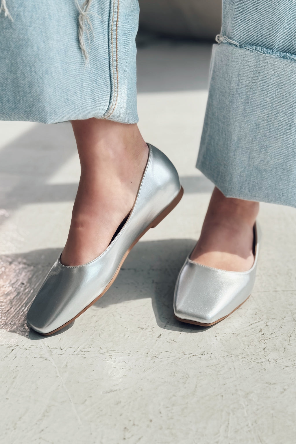 Canris Silver Faux Leather Women's Square Toe Mary Jane Flats