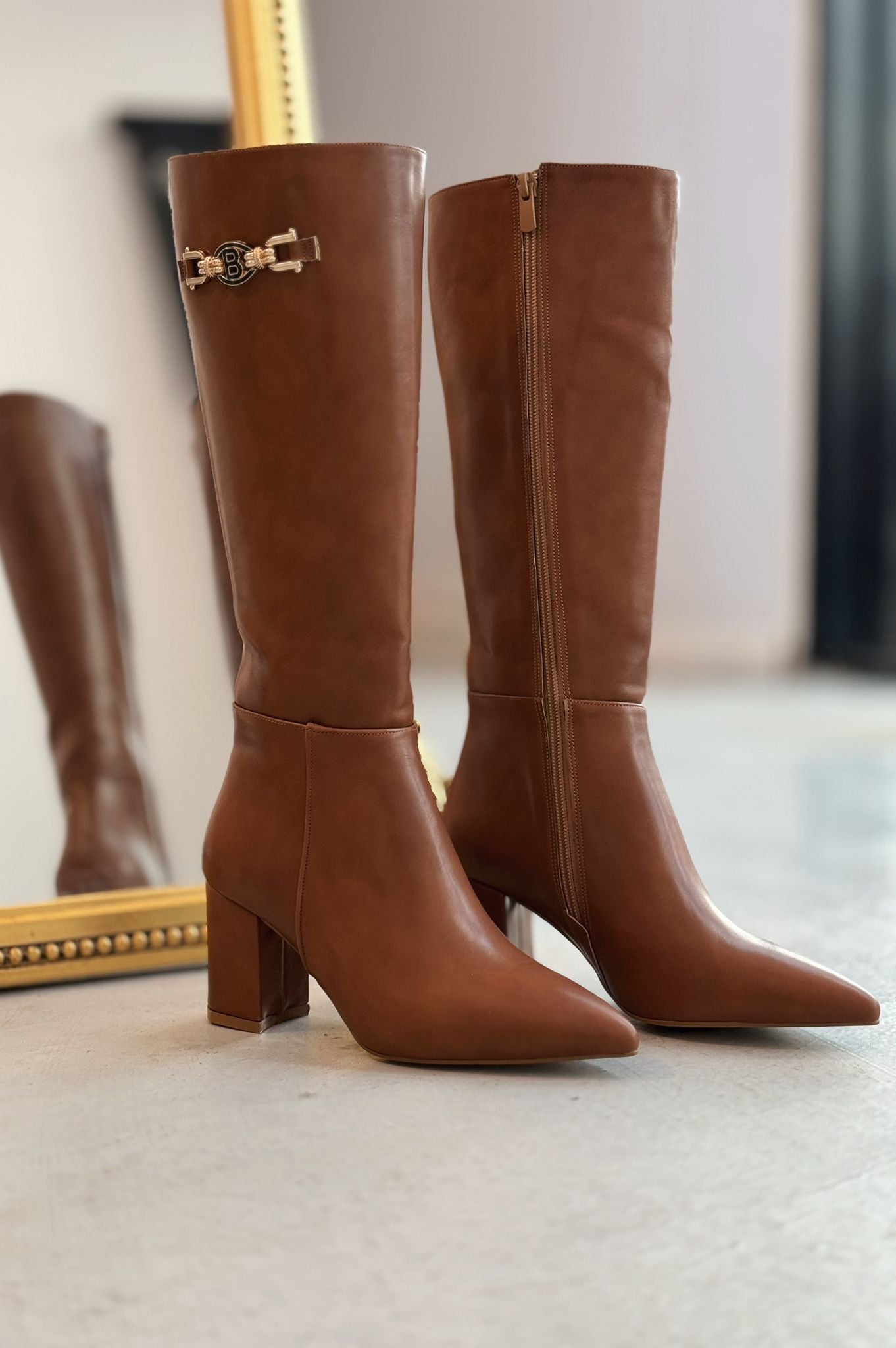 Vivennet Faux Leather Chunky Heel Zip Buckle Detail Tan Women's Boots