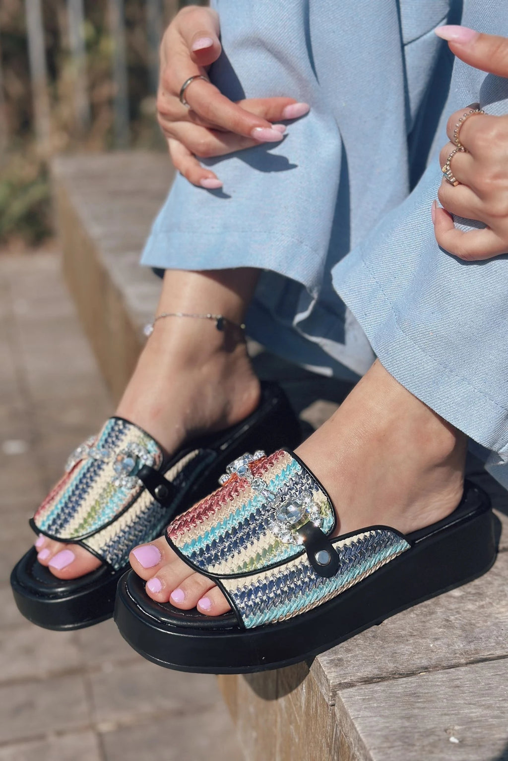 Nilossa Black Faux Leather Stone-Embellished Women's Slides