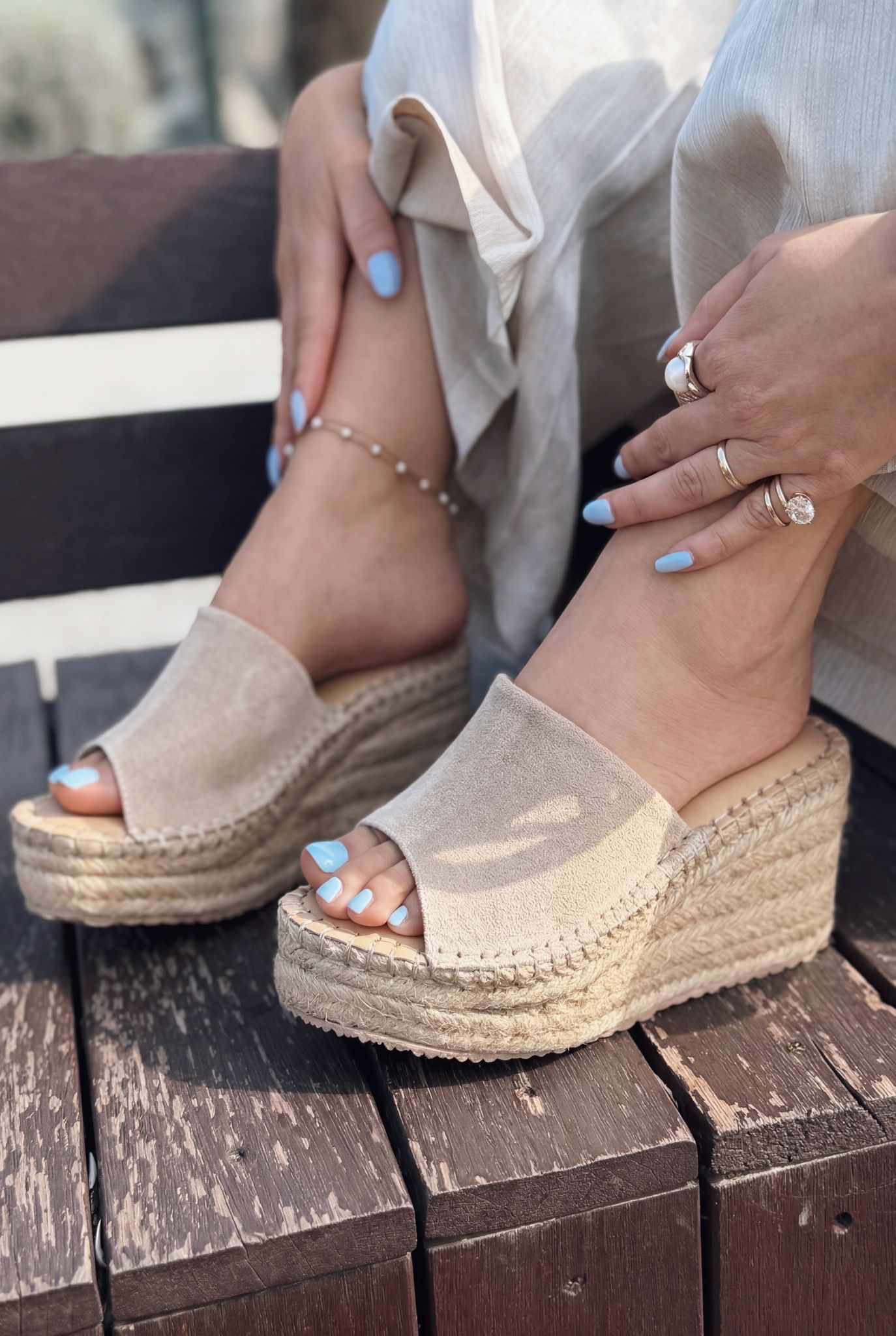 Lorver Beige Genuine Suede Women's Wedge Heel Mules