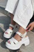 Lifon White Faux Leather Platform Women's Sandals