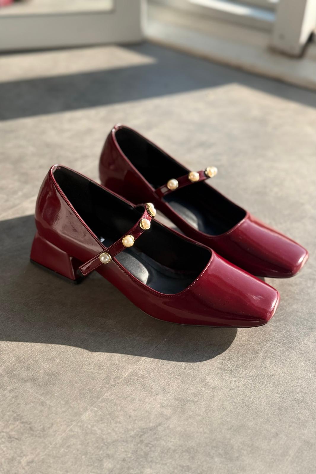 Myrel Bordeaux Pearl Detail Patent Faux Leather Women's Mary Jane