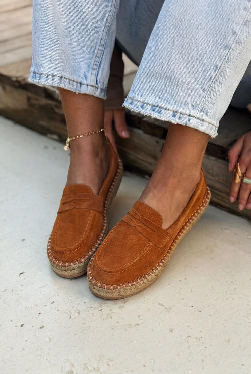 Celure Tan Genuine Suede Women's Espadrille Loafers
