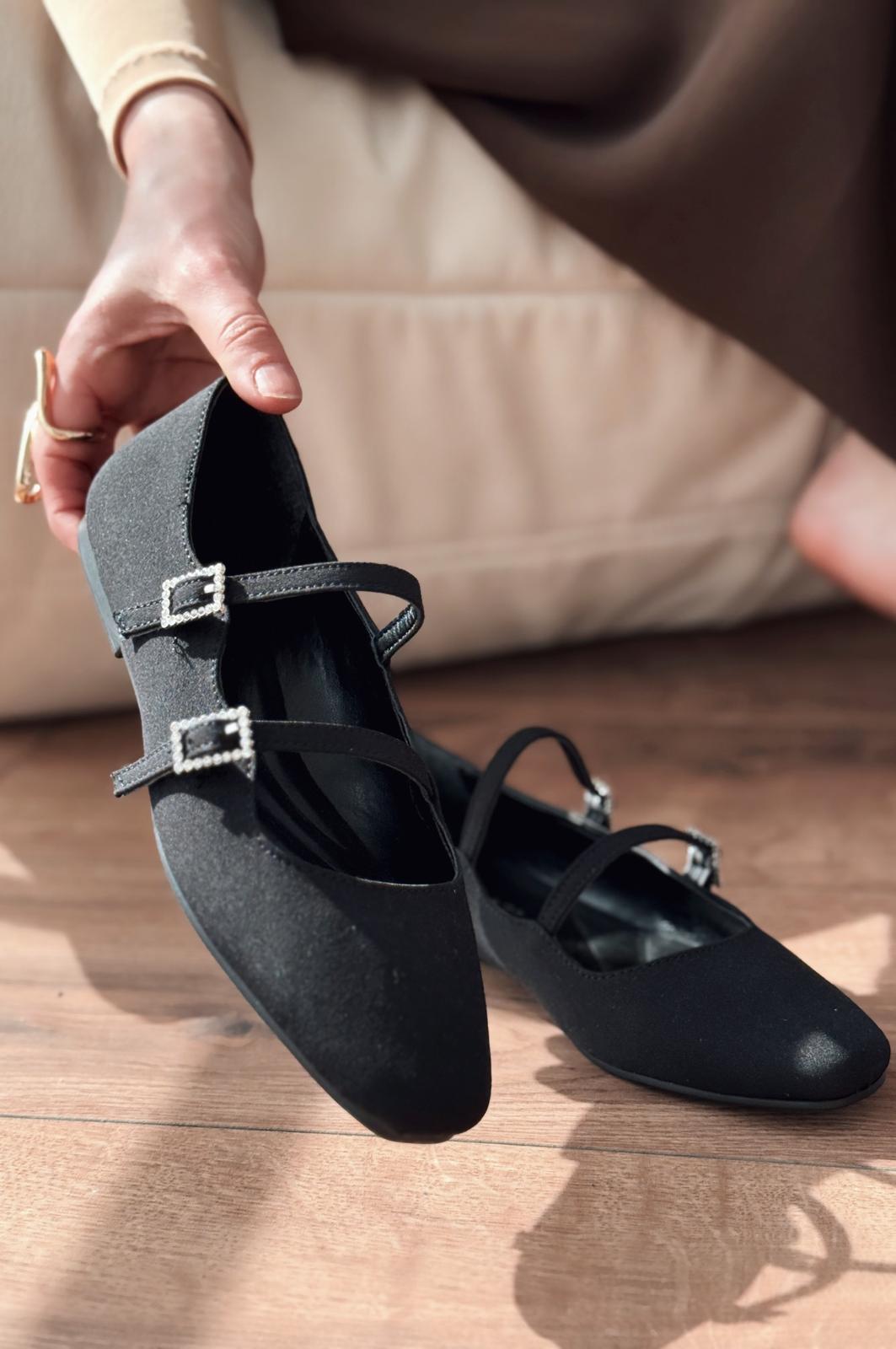 Harwor Black Satin Buckle Detail Women's Flats
