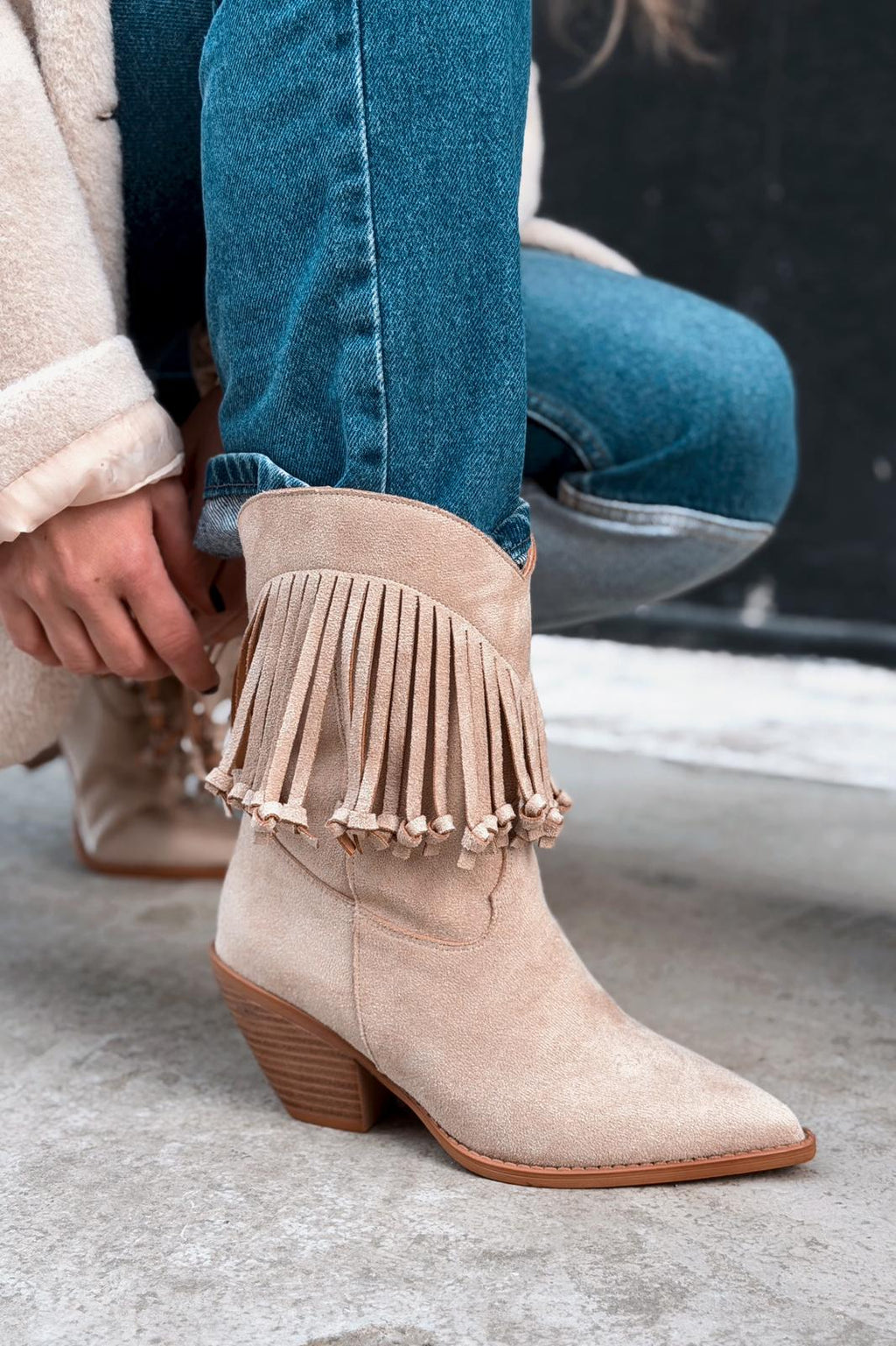 Iserne Beige Suede Fringe Women's Cowboy Boots