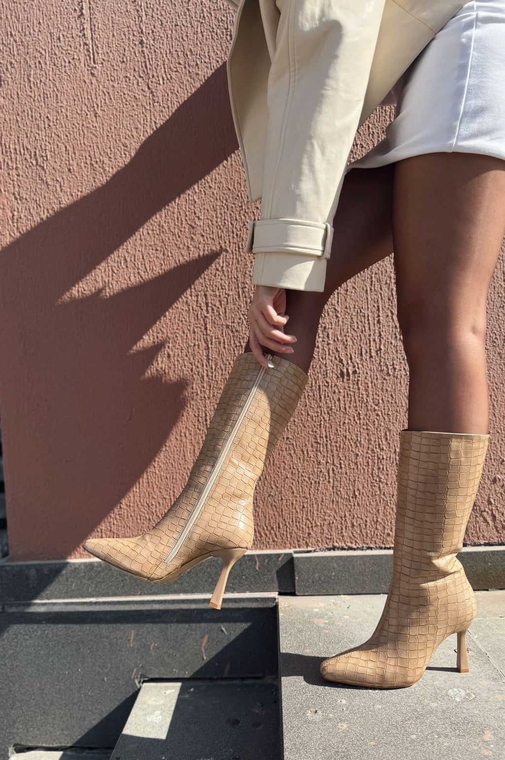 Jorani Nude Faux Leather Embossed High Heel Boots
