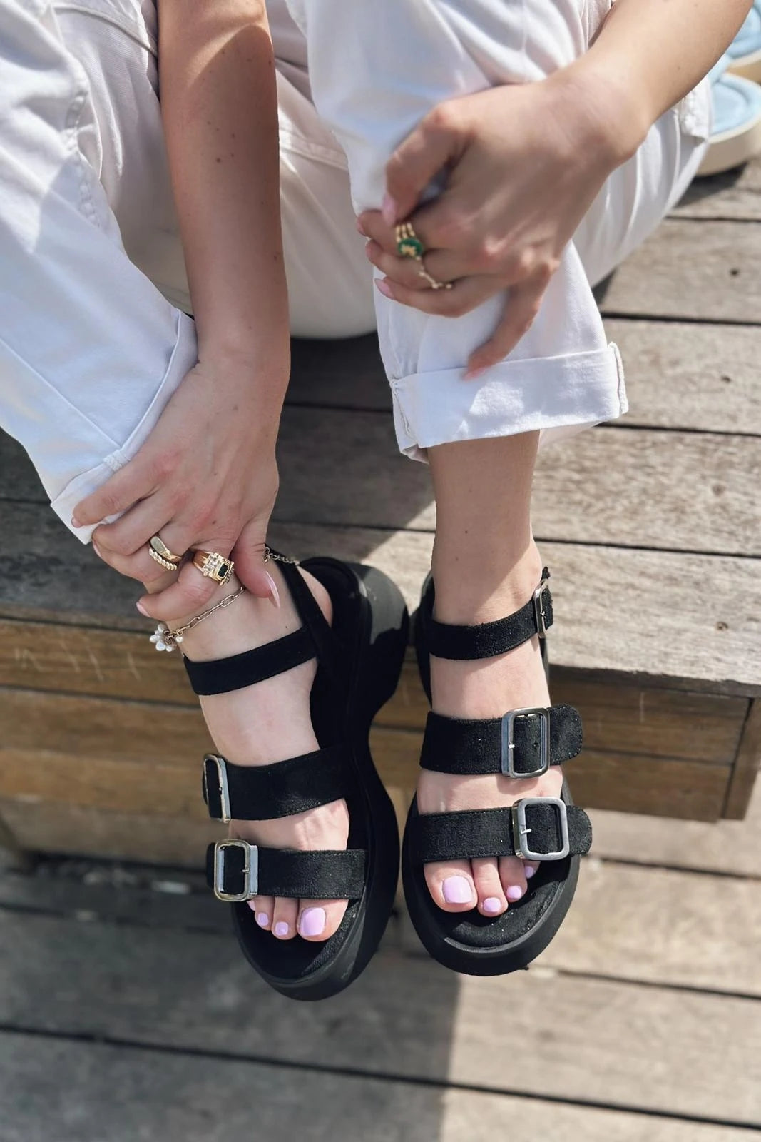 Neslon Black Suede Buckle Detail Women's Sandals