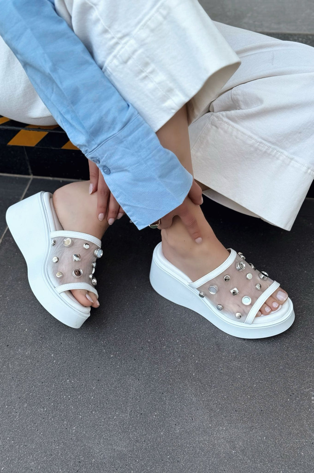 Palien White Faux Leather Studded Wedge Heel Women's Mules