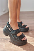 Mogres Black Faux Leather Velcro Thick Sole Women's Sandals