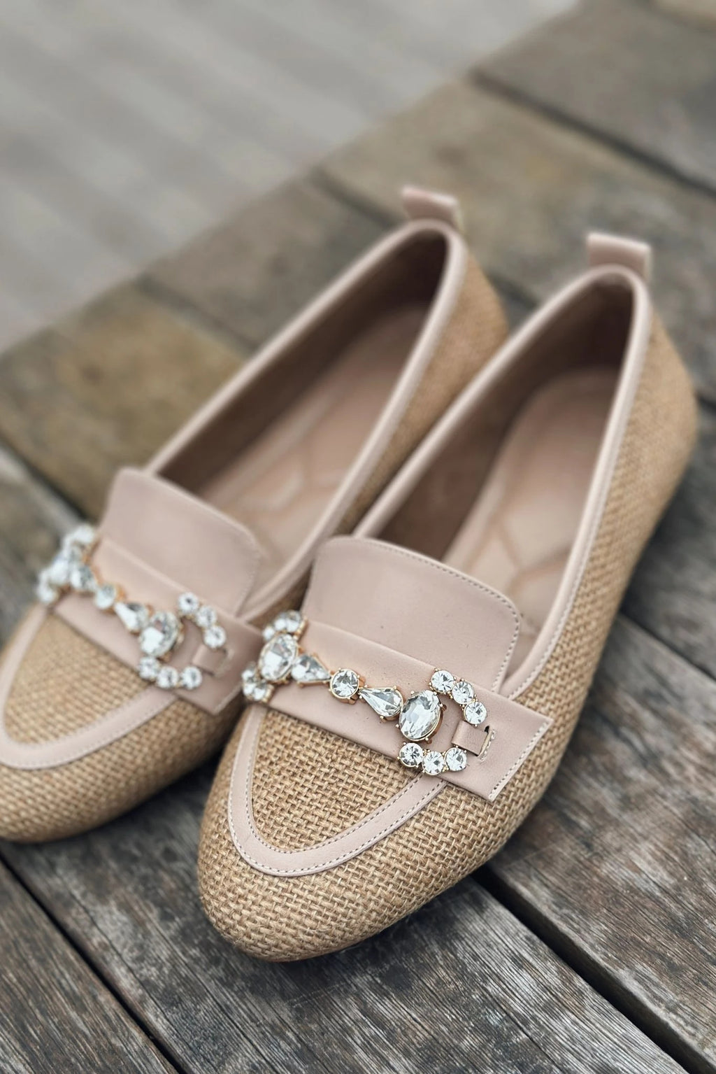 Pore Beige Raffia Stone Detail Women's Loafers