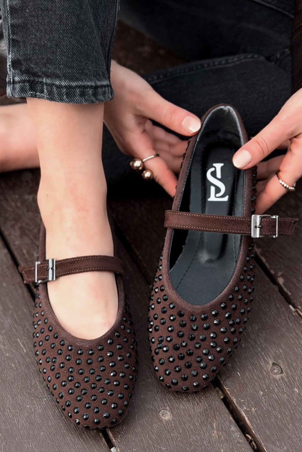 Orion Dark Brown Suede Stone Detail Women's Flats