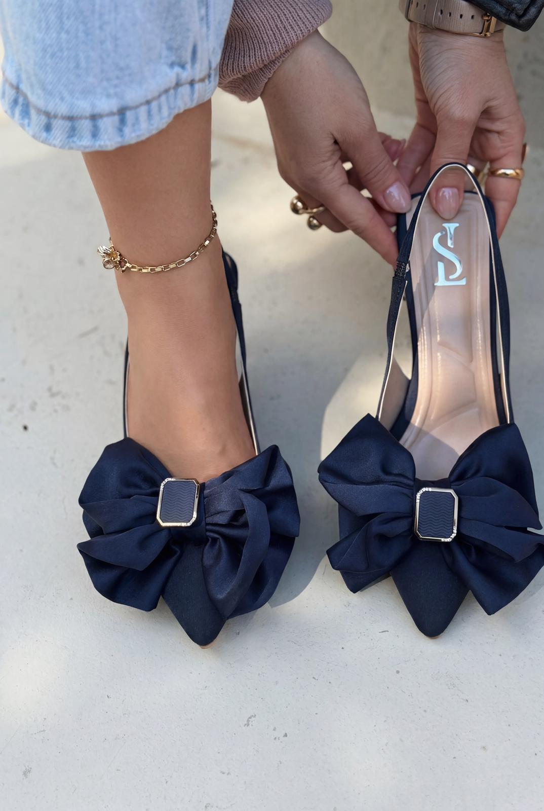 Velune Navy Bow Detail Satin Women's Stilettos