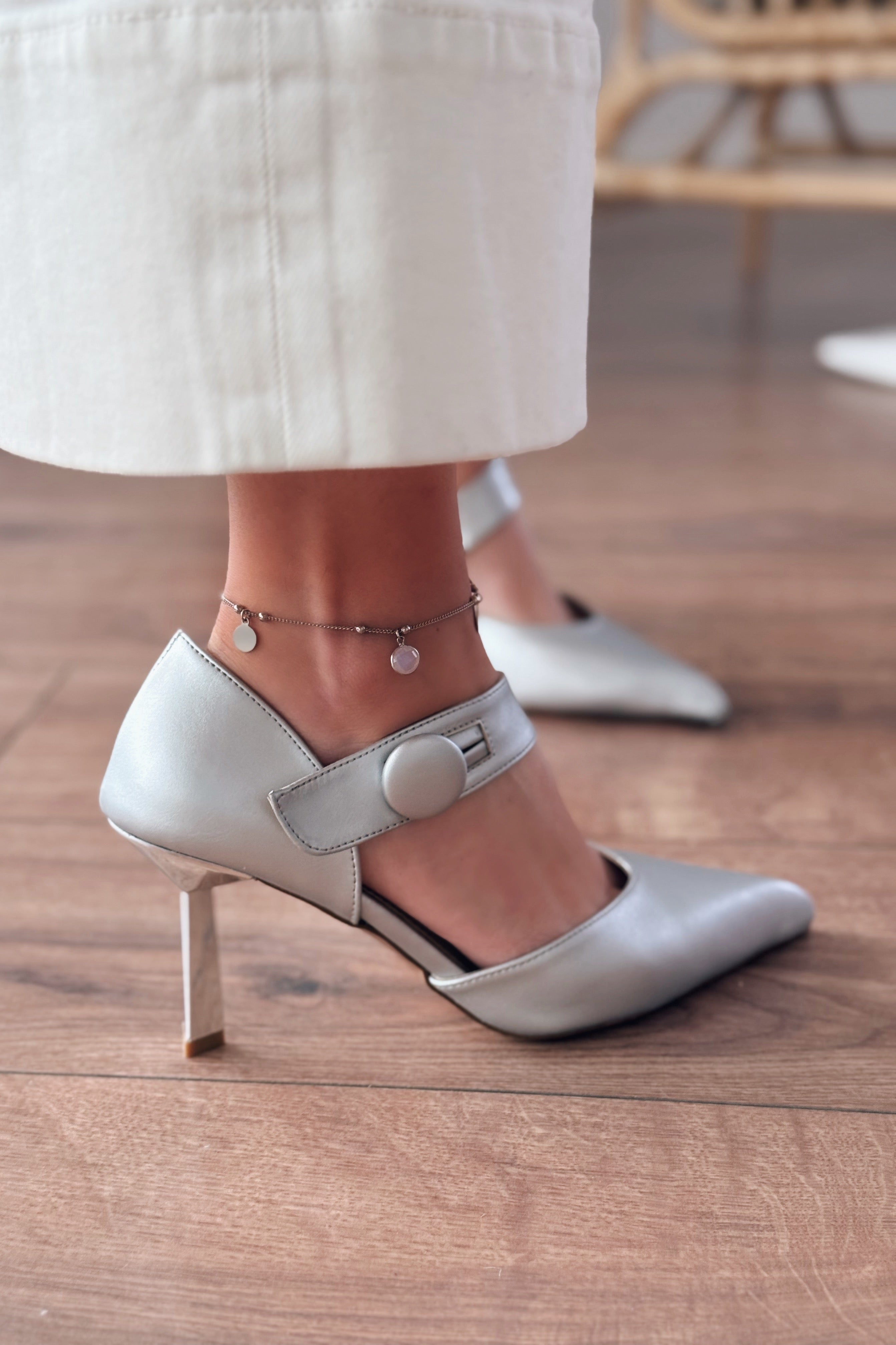 Wasord Silver Button Detail Faux Leather Women's Stilettos