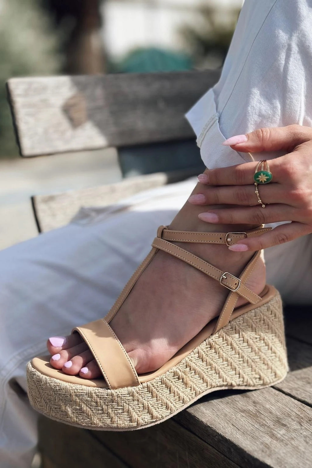 Rowsen Nude Faux Leather Strap Detail Wedge Pumps