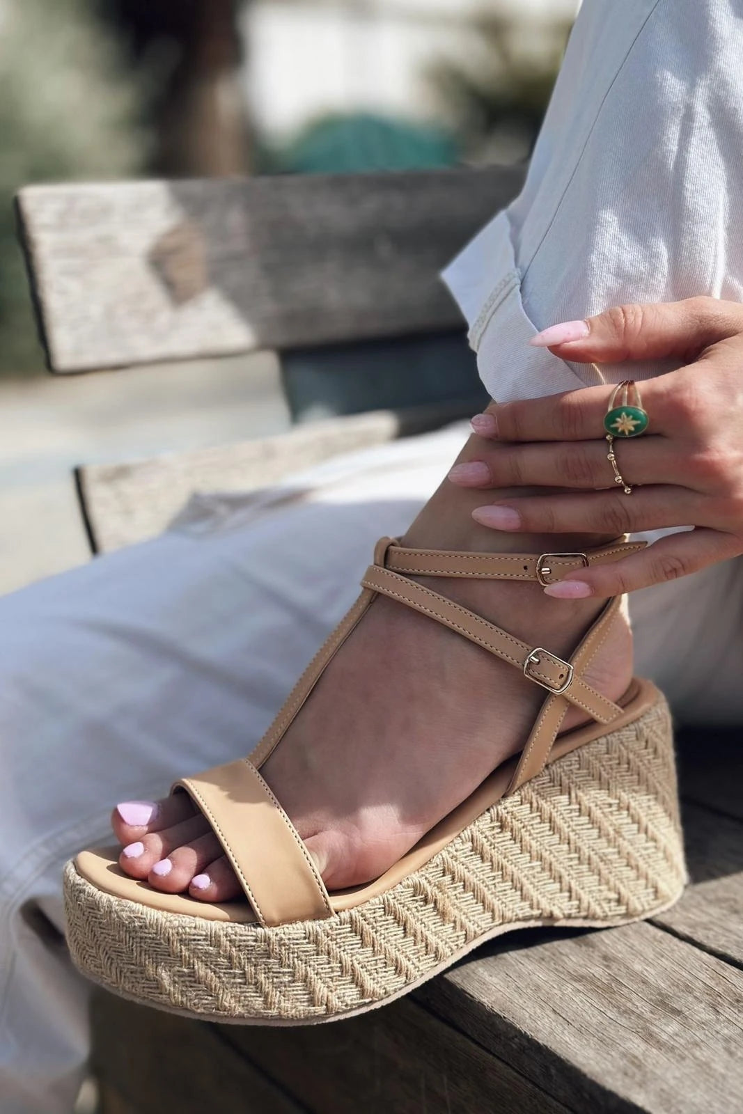 Rowsen Nude Faux Leather Strap Detail Wedge Pumps