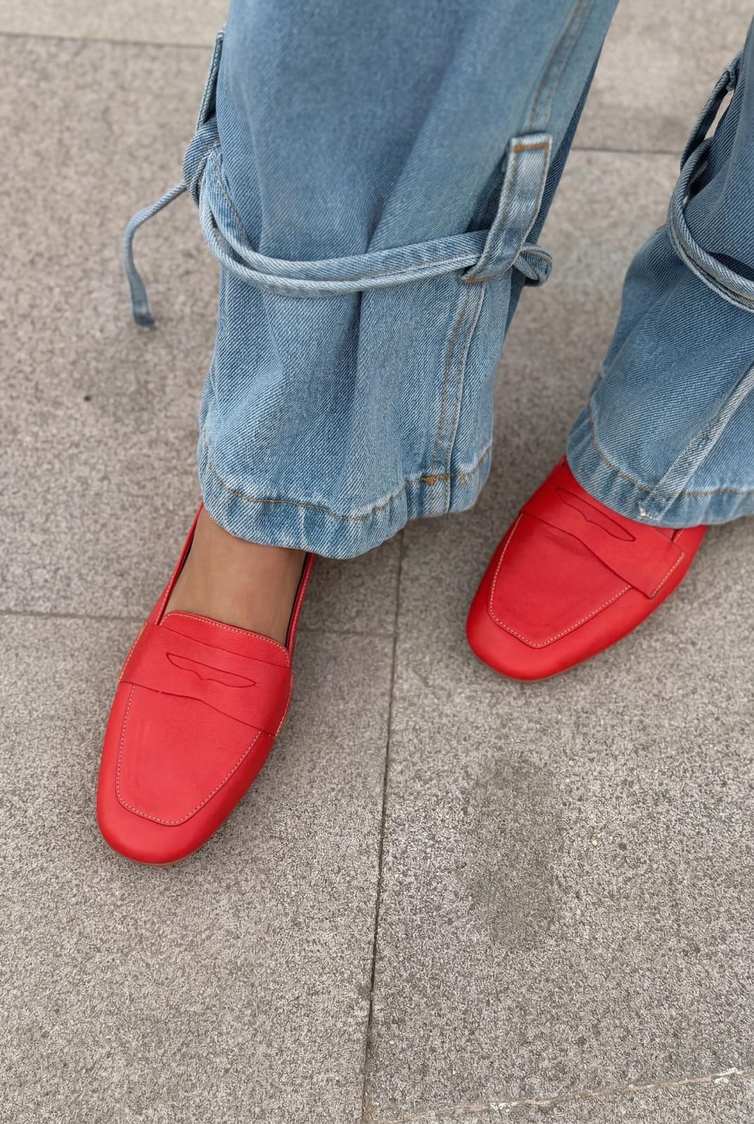 Melniel Red Genuine Leather Women's Loafers