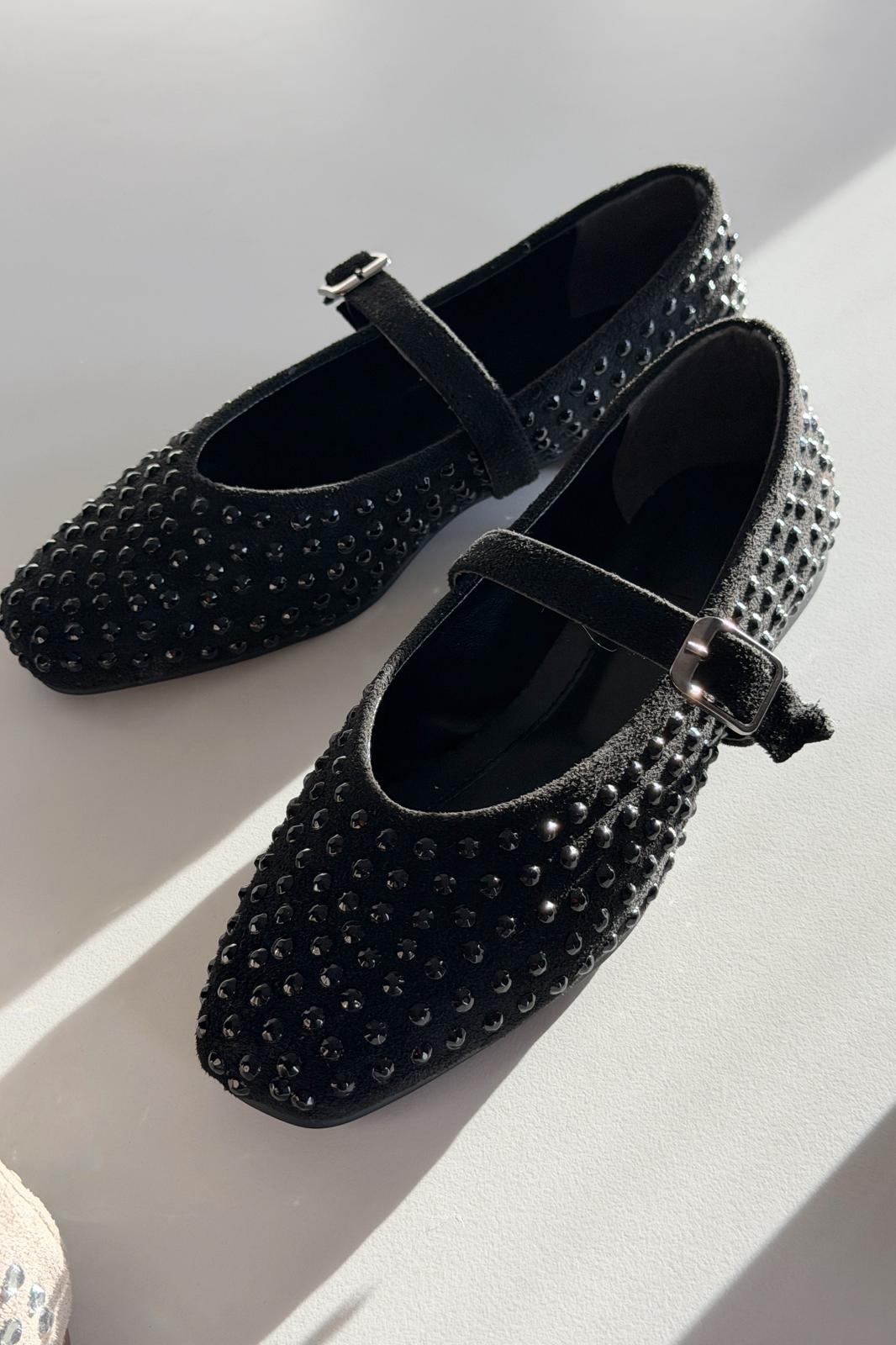 Orion Black Suede Black Crystal Detail Women's Flats