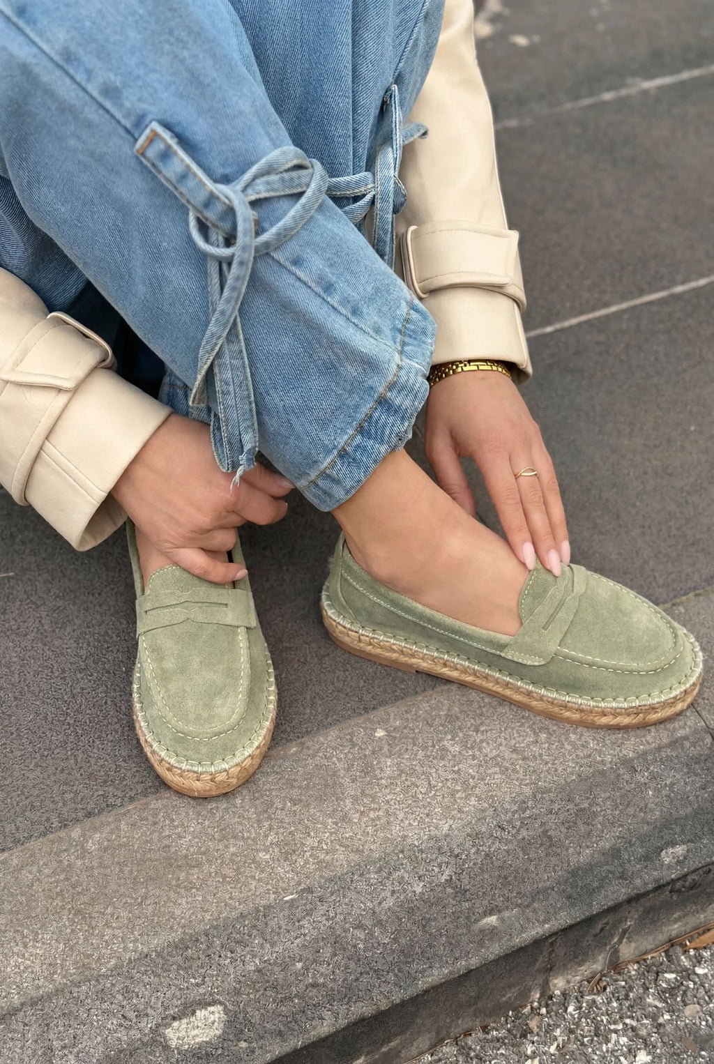 Celure Mint Green Genuine Suede Women's Espadrille Loafers