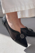 Zuneya Black Patent Faux Leather Bow Detail Women's Mesh Flats
