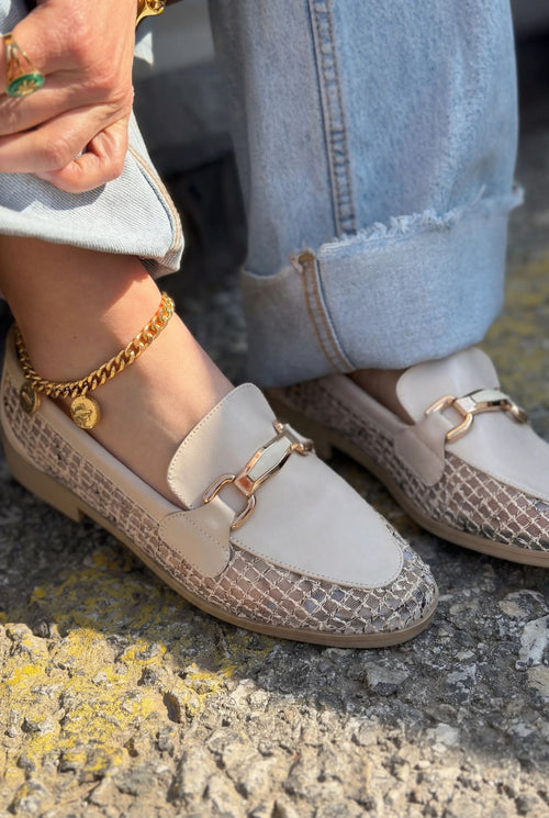 Delter Beige Faux Leather Mesh Women's Loafers