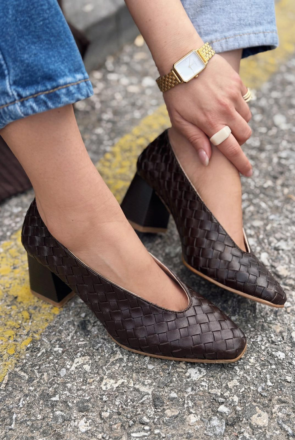 Torben Dark Brown Faux Leather Woven Pattern Women's Pumps