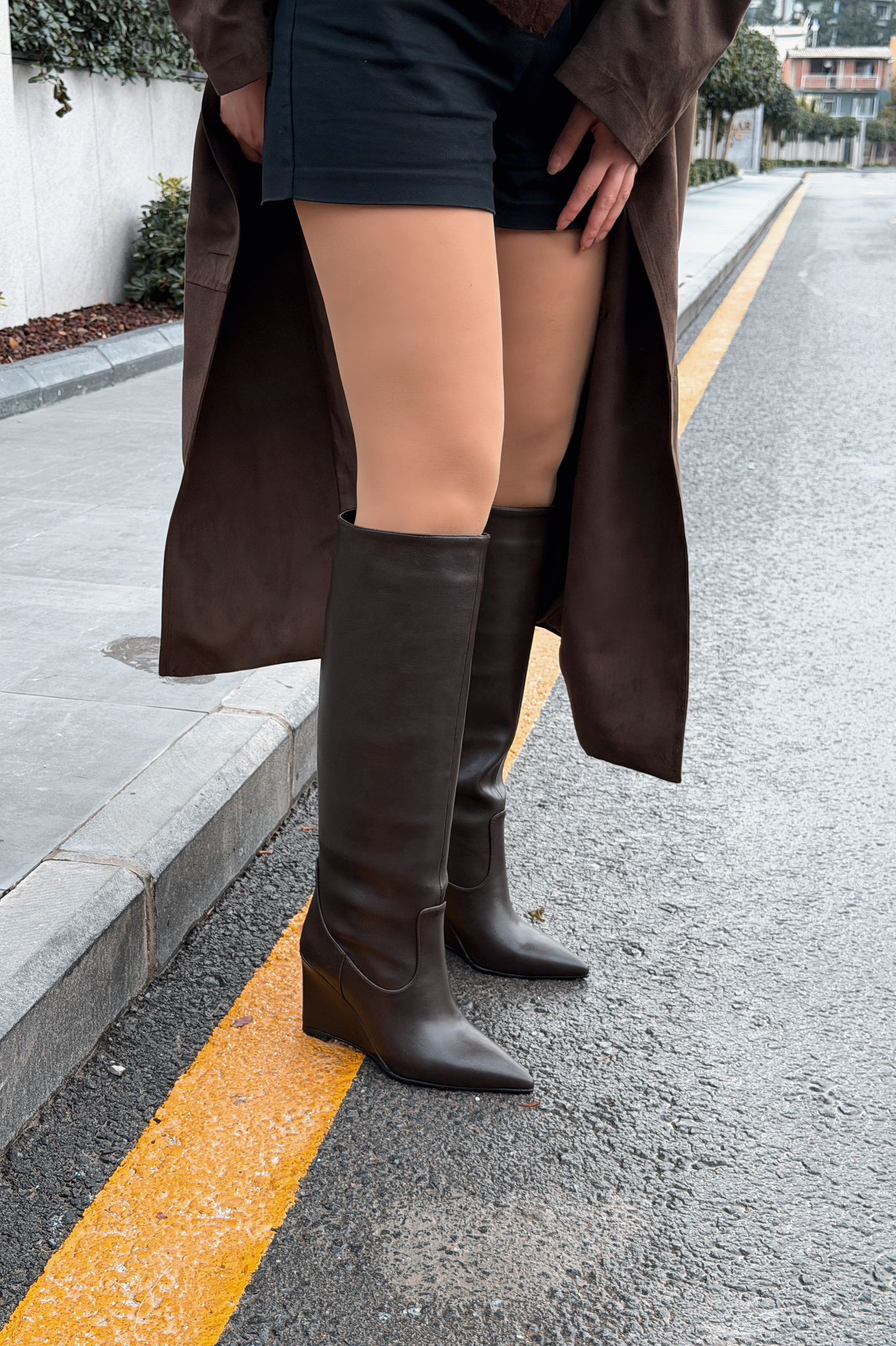 Ravita Light Brown Faux Leather Wedge Heel Women's Boots