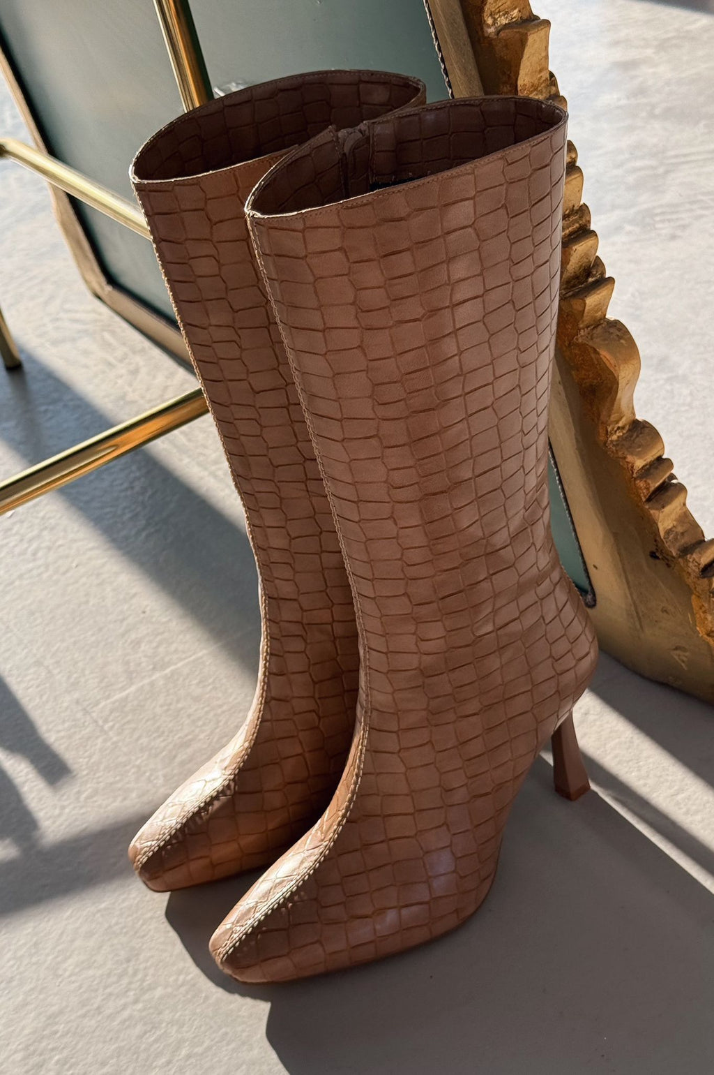 Jorani Nude Faux Leather Embossed High Heel Boots