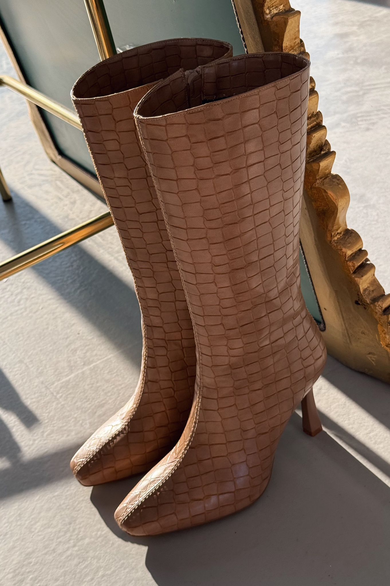 Jorani Nude Faux Leather Embossed High Heel Boots