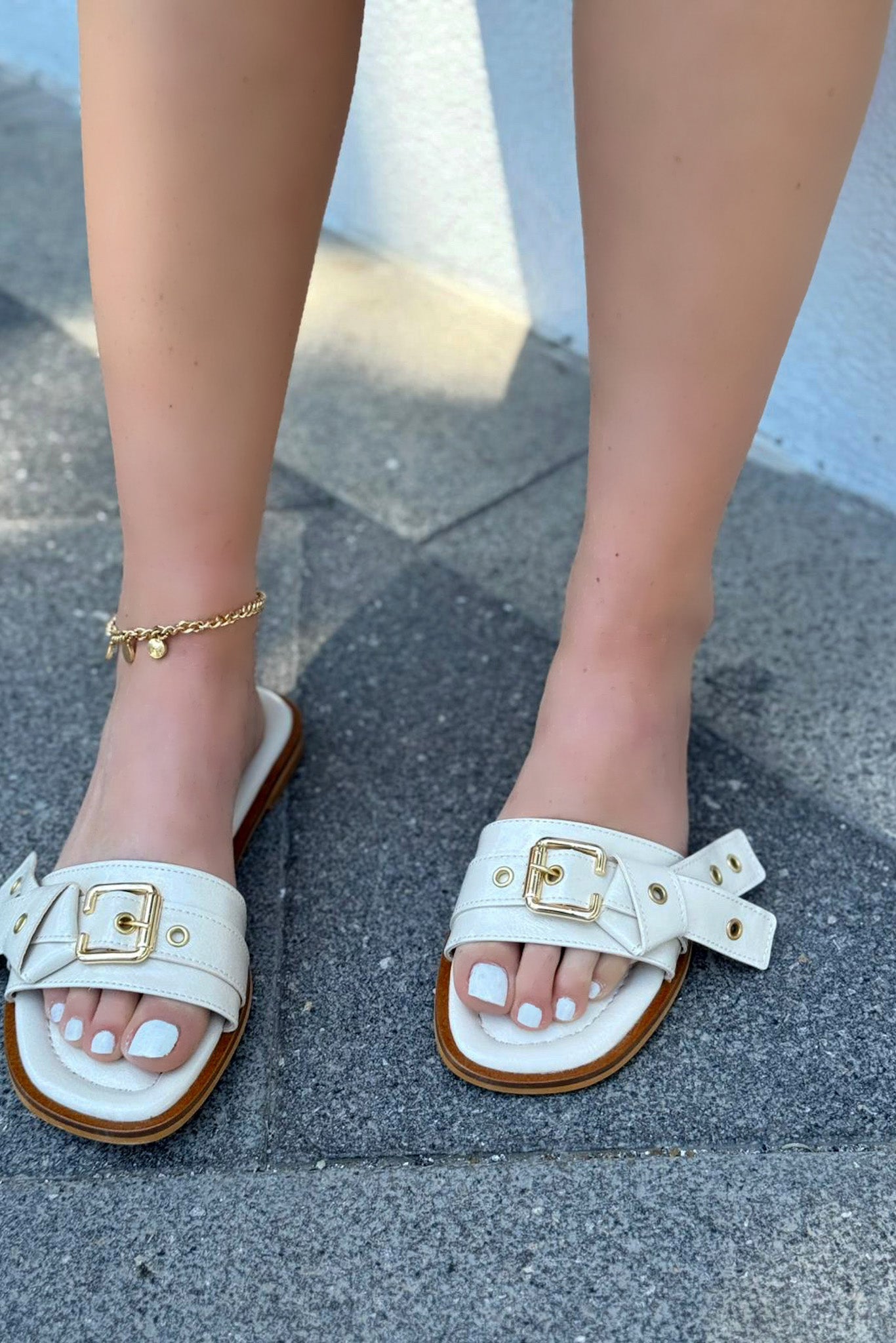 Samaris Beige Patent Faux Leather Buckle Detail Women's Mules