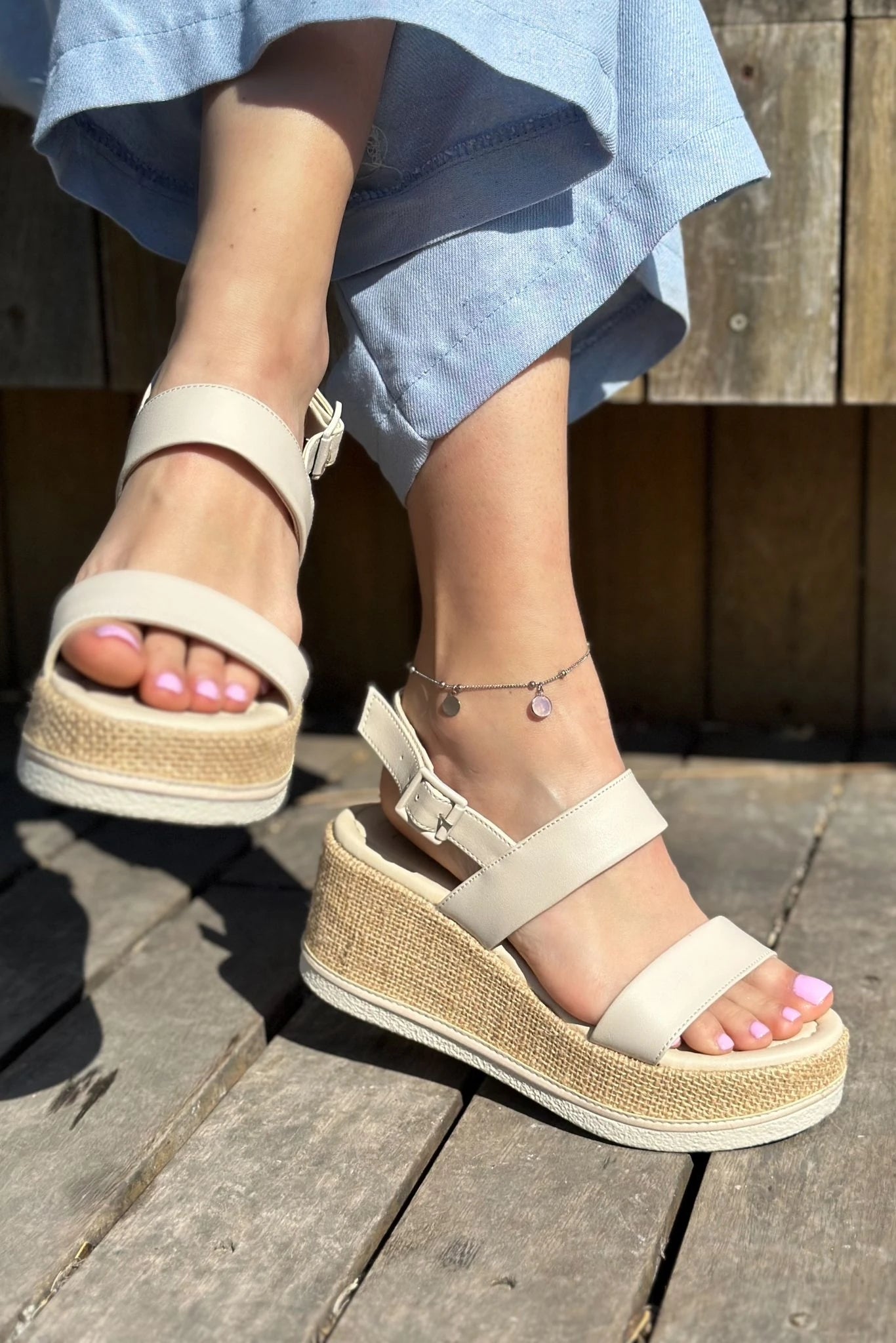 Santes Beige Faux Leather Wedge Heel Women's Sandals
