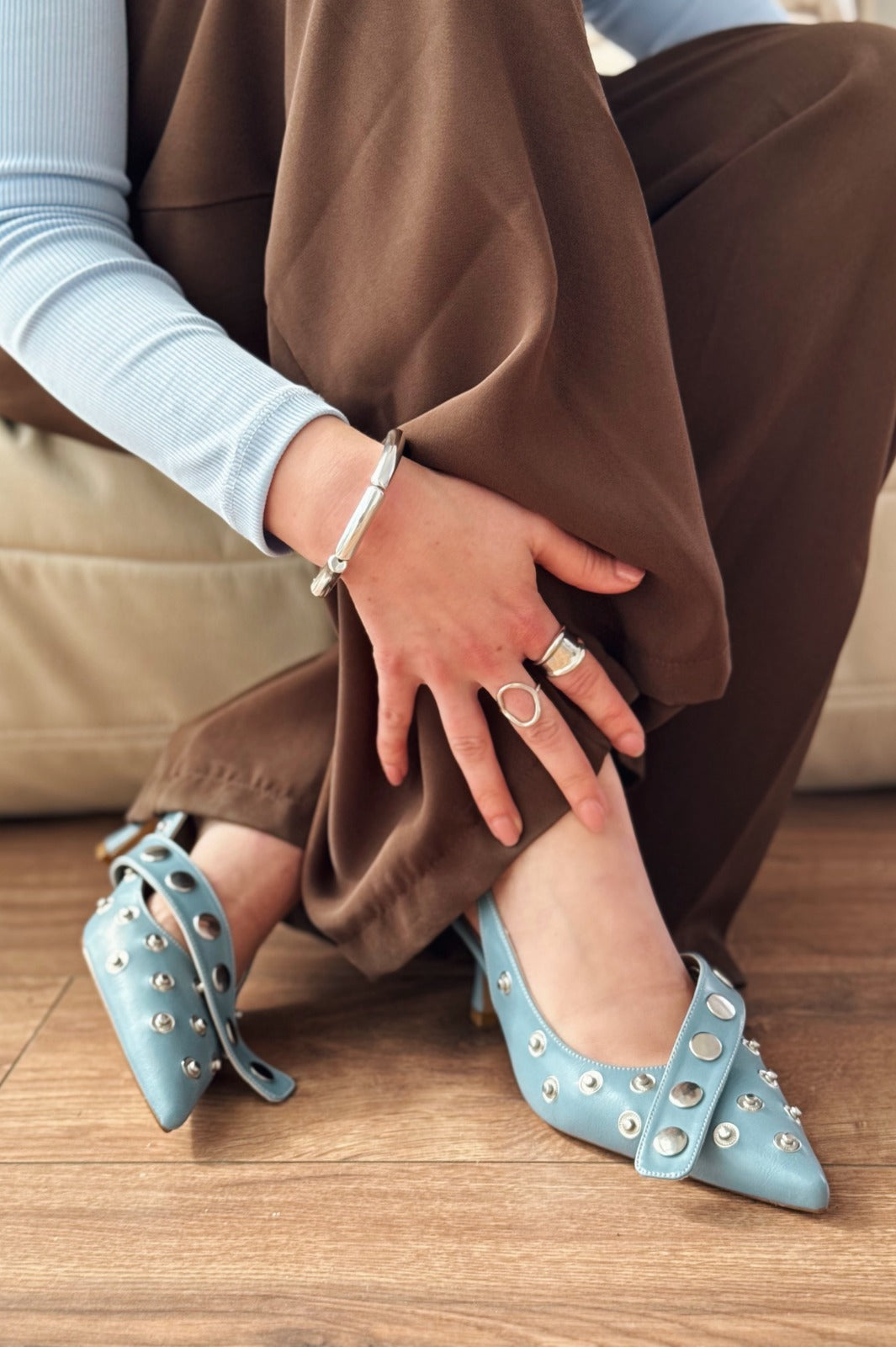 Selorin Baby Blue Faux Leather Studded Women's Stilettos