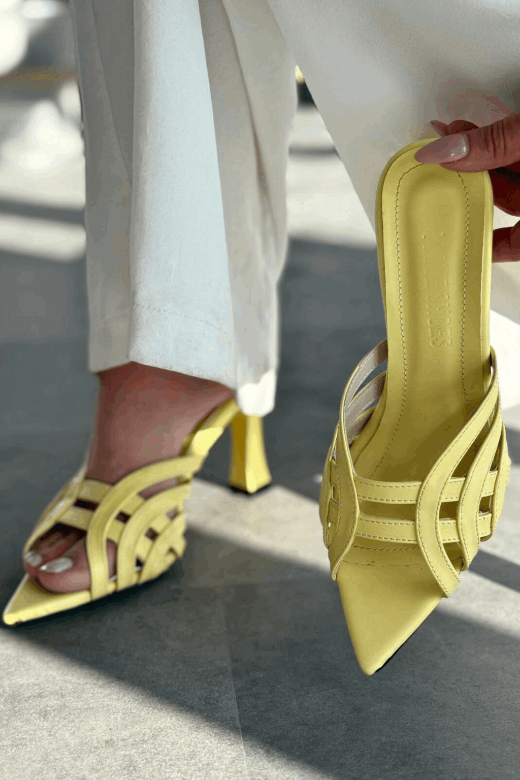 Lumon Yellow Faux Leather Strap Detail Pumps